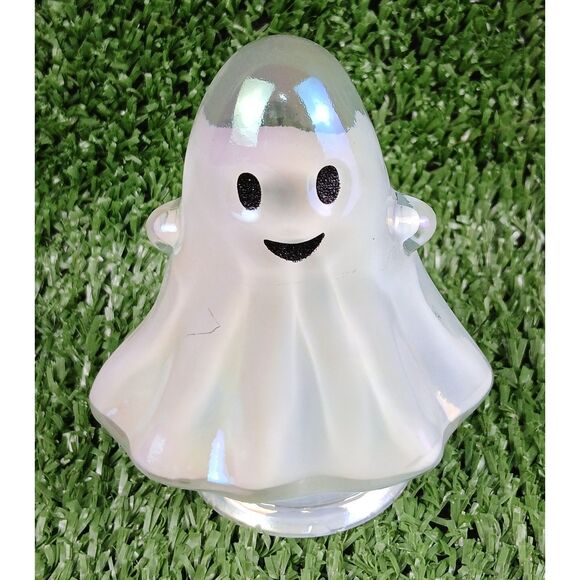 Ghost Halloween Glass Iridescent Decor Shiny White Happy Face Ghoul Small Spirit - Picture 1 of 16